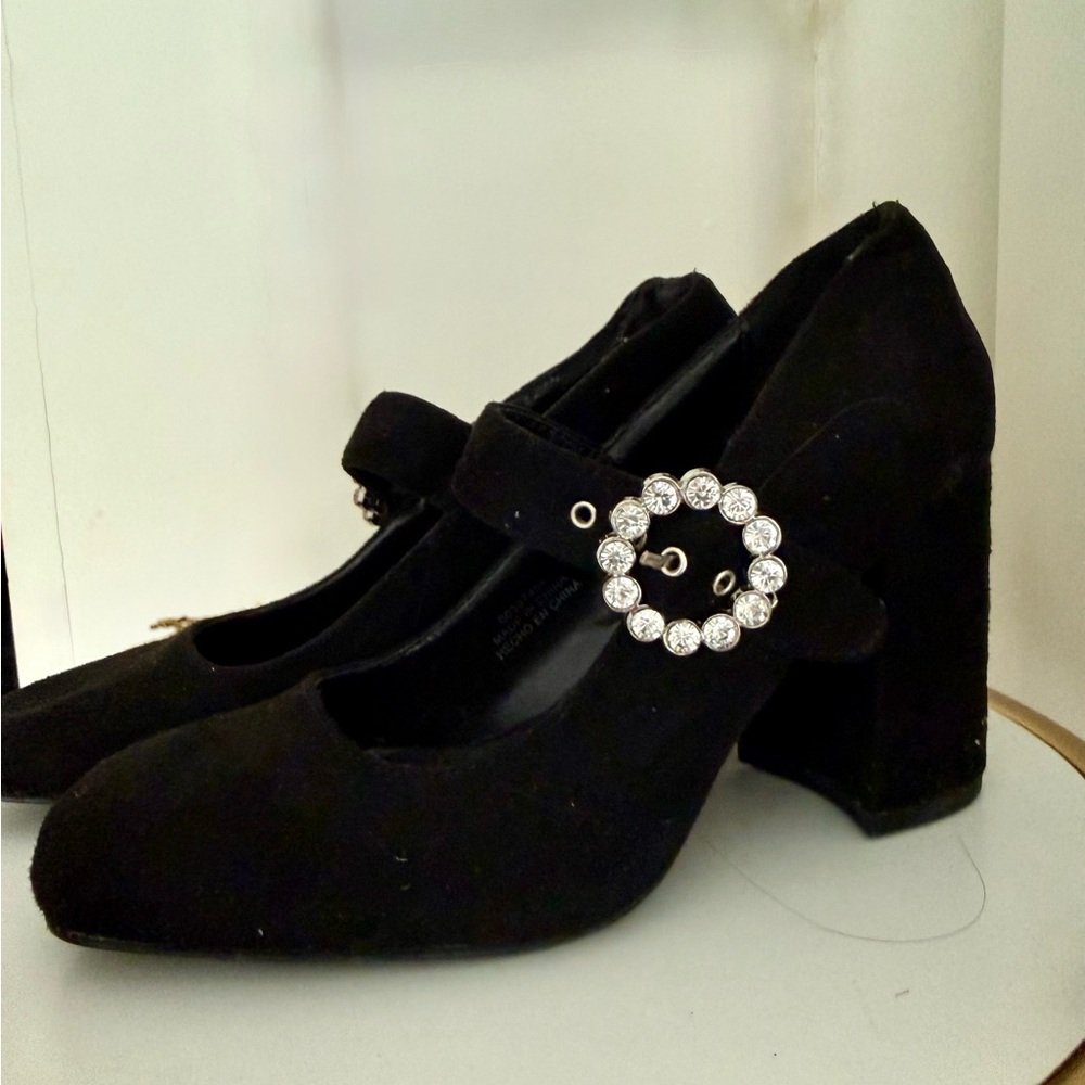 Mary Jane Chunky Heel Elegant Black Women's Shoes with Rhinestone Buckle